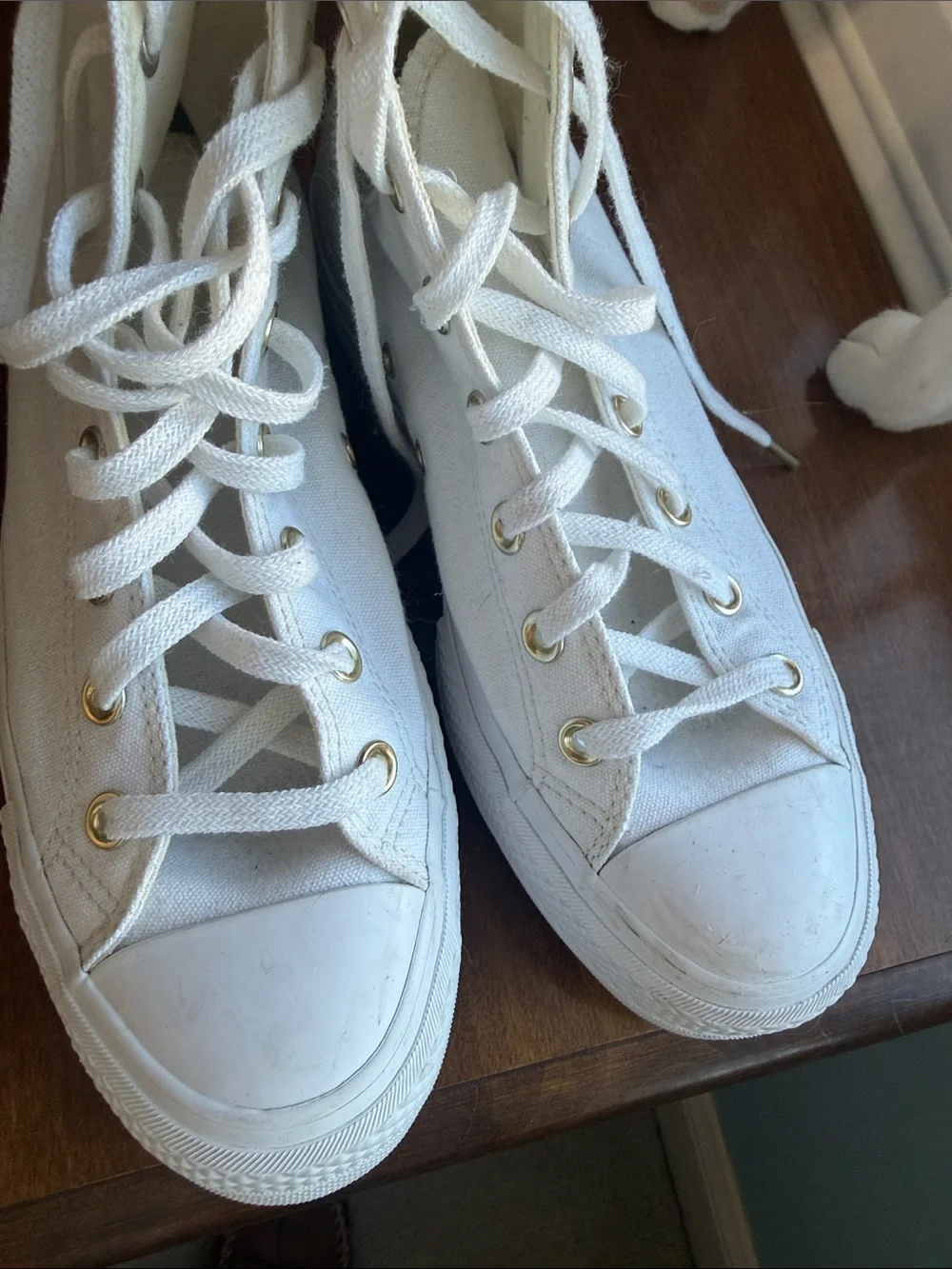 Converse White High-Top Canvas Sneakers with Gold Eyelets